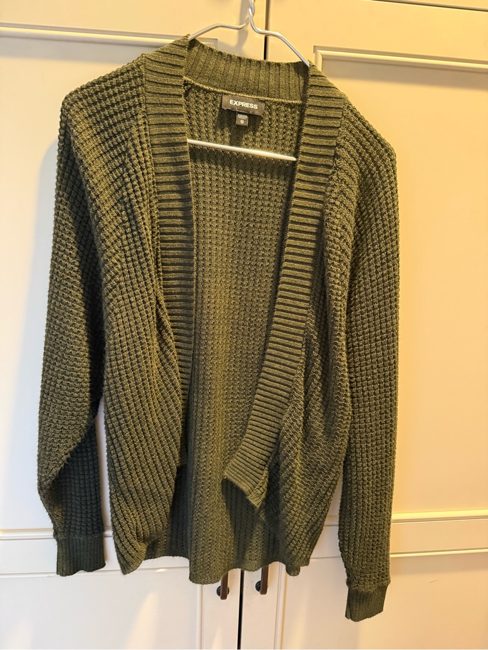 Express Olive Open-Front Waffle Knit Cardigan